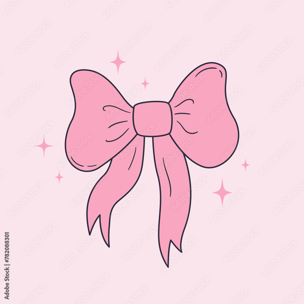Cute ribbon bow clipart. Coquette and balletcore girly decoration. Hand drawn silk tape accessory. Vintage fashion element in pastel color. Vector drawing Cute ribbon bow clipart. Coquette and balletcore girly decoration. Hand drawn silk tape accessory. Vintage fashion element in pastel color. Vector drawing
