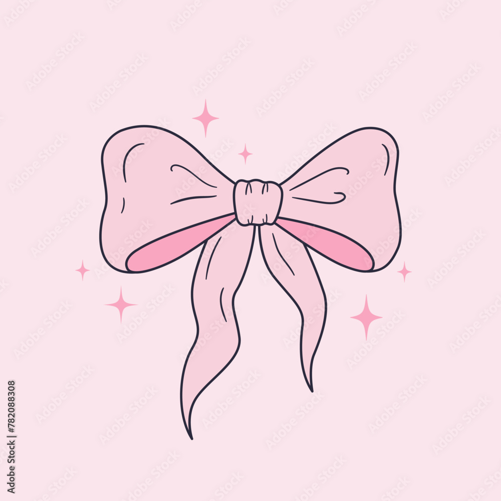 Cute ribbon bow clipart. Coquette and balletcore girly decoration. Hand drawn silk tape accessory. Vintage fashion element in pastel color. Vector illustration Cute ribbon bow clipart. Coquette and balletcore girly decoration. Hand drawn silk tape accessory. Vintage fashion element in pastel color. Vector illustration