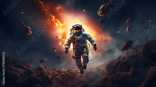 A scene of an astronaut in outer space with a breathtaking fantasy view. A source of light and energy in outer space