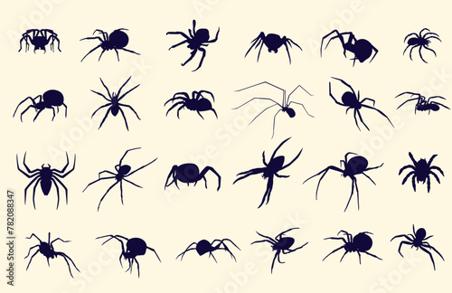 Spider insects. A large set of silhouettes of spiders on a light background. (ID: 782088347)