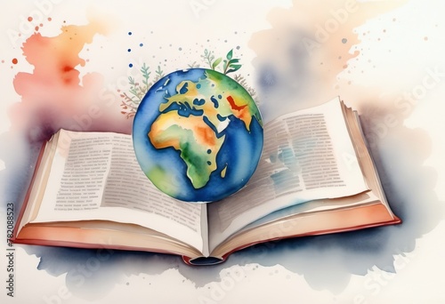 An open book and planet earth, a concept of the whole world in literature, a watercolor drawing.