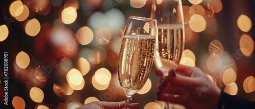 Champagne toast, success celebration, close-up, bokeh background