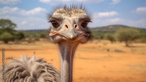 Portrait of an ostrich on an ostrich farm.