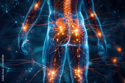 Anatomy of Human Nervous System Illuminated with Blue and Red Lights on Background photo