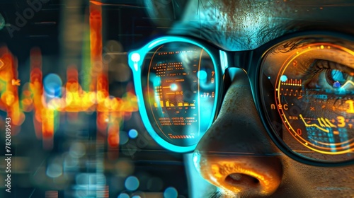 Intently analyzing data trends amidst vibrant statistics on multiple screens, a statistician seeks patterns and predictions with unwavering focus.
