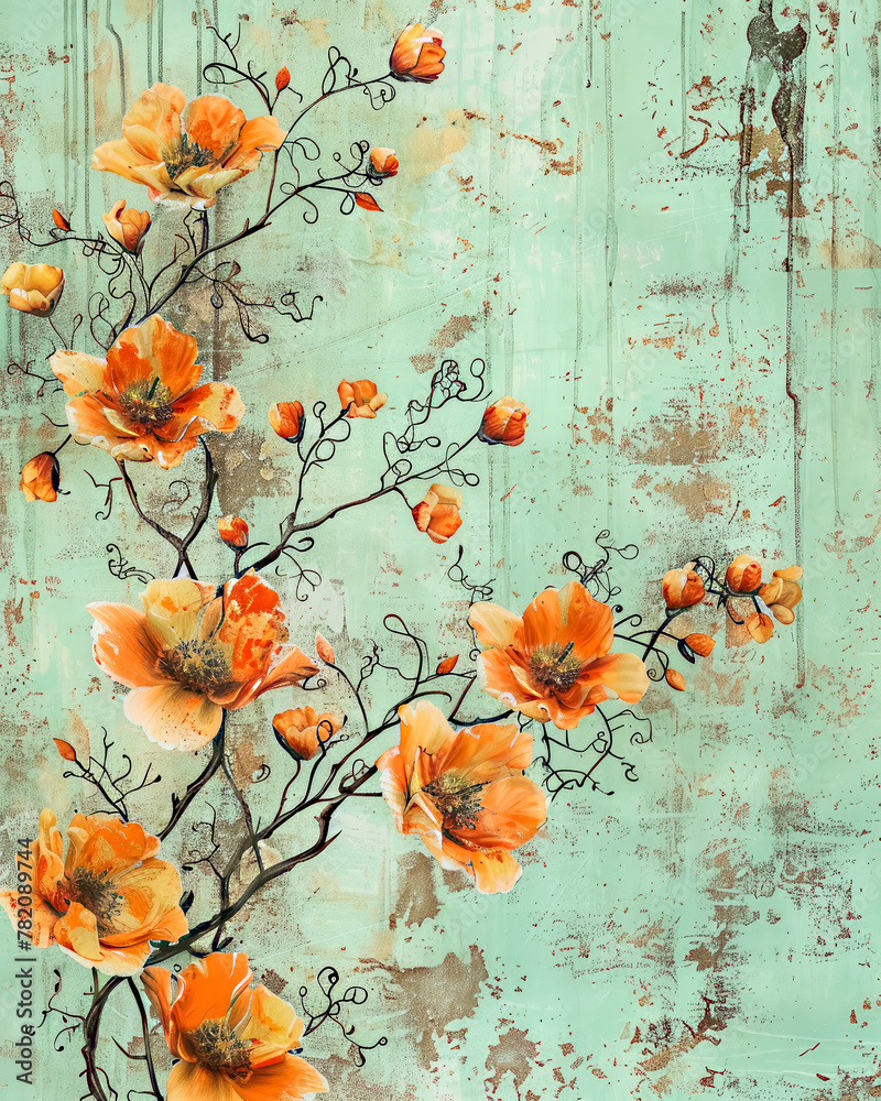 Vintage Orange Flowers on Mint Background in Distressed Grunge Style