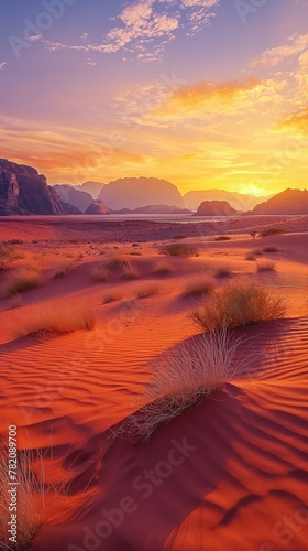 Sunrise in the red desert, yellow sand waves, the rising sun on cloudy sky, planet earth