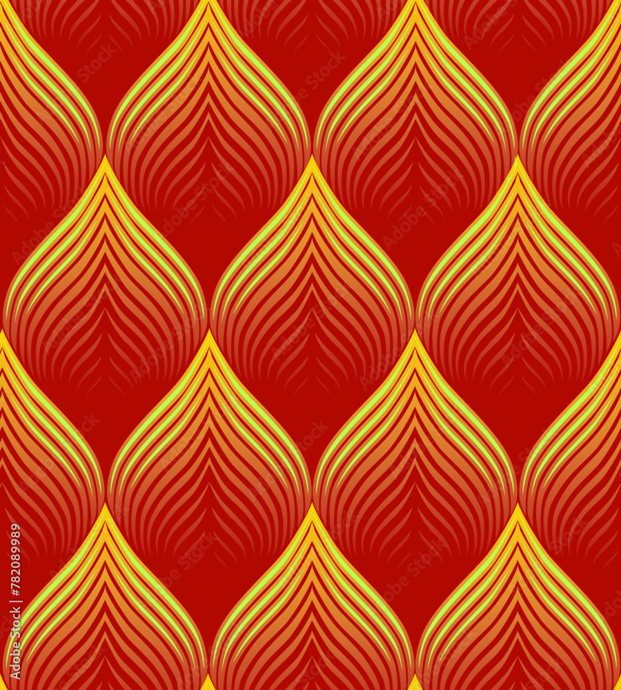 Fototapeta premium Red yellow vector pattern for packaging and stylish background. Attractive petal seamless pattern