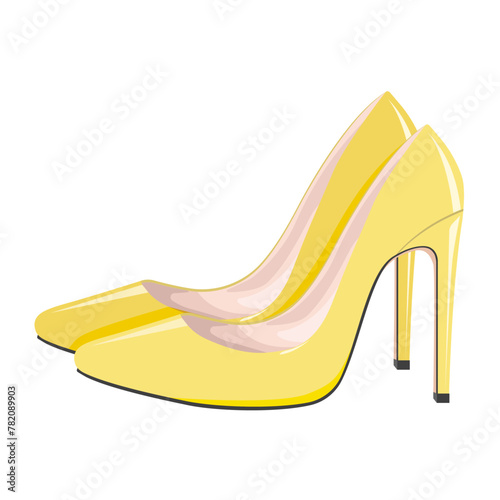 Yellow women's shoes with high thin heels, a pair.Vector illustration of women's shoes.