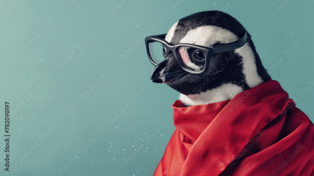 Fototapeta premium A penguin dons spectacles and a red cape, exuding a superhero vibe