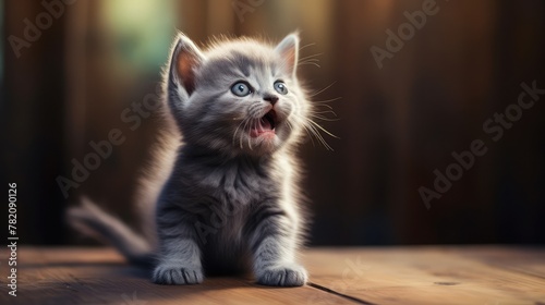 Small gray kitten with open mouth is sitting on table.