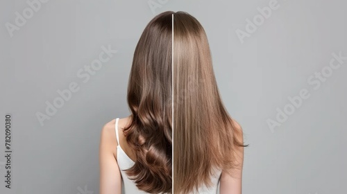 Before and after hair treatment, a woman's hair looks fuller and healthier.