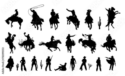 Set of Cowboy riding horse, standing with gun black silhouettes. Cowboy galloping with lasso, shooting from gun. Western traditional elements collection. Monochrome vector illustrations isolated.