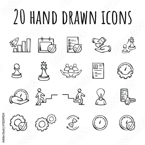 Vector set of hand drawn icons related to productivity, business, management, career. Editable line black illustrations photo