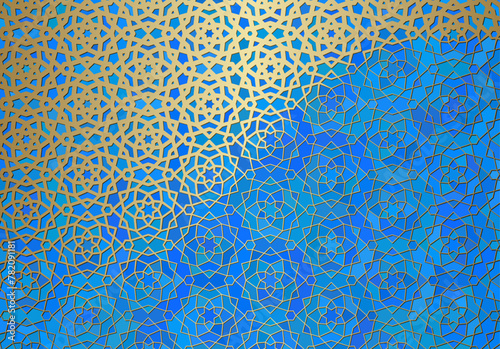 Abstract background with islamic ornament, arabic geometric texture. Golden lined tiled motif. © swillklitch