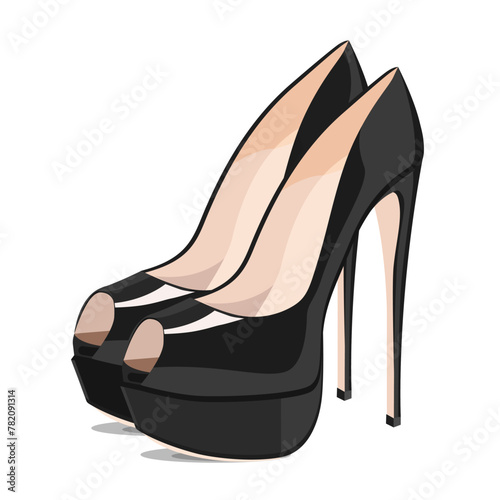 Black women's shoes with high heels and platform with an open toe.Vector illustration of shoes.