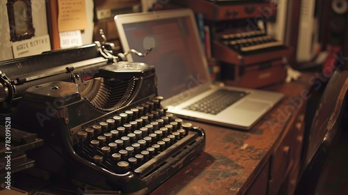 A typewriter and a laptop, representing the past and present of computing, sit side by side on a desk. photo