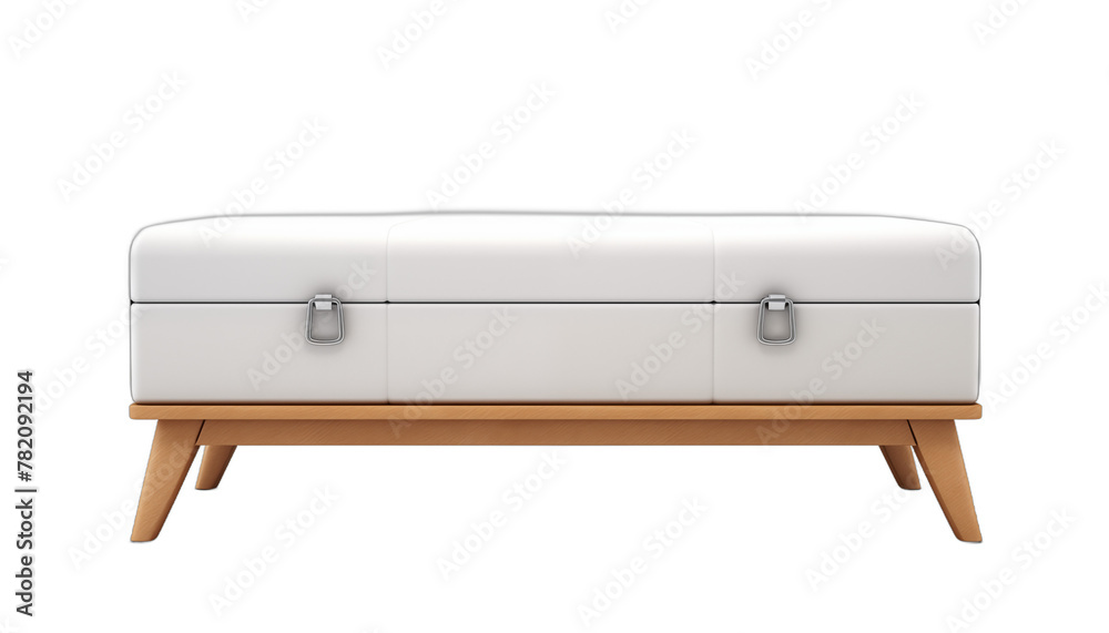 Elegant white leather storage bench with wooden legs and chrome buckles Elegant white leather storage bench with wooden legs and chrome buckles