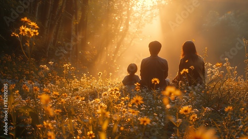 Family enjoying sunset in flowerfilled field, happy amidst natural landscape