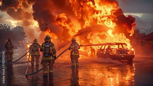Burning car on a city background. Car catching fire, after act of vandalism or road incident. Burning vintage car