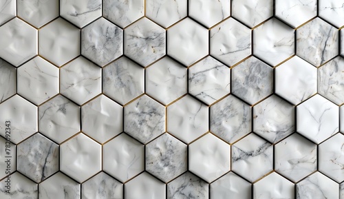 Panel kuchenny z motywem White marble hexagon tiles with gold grout