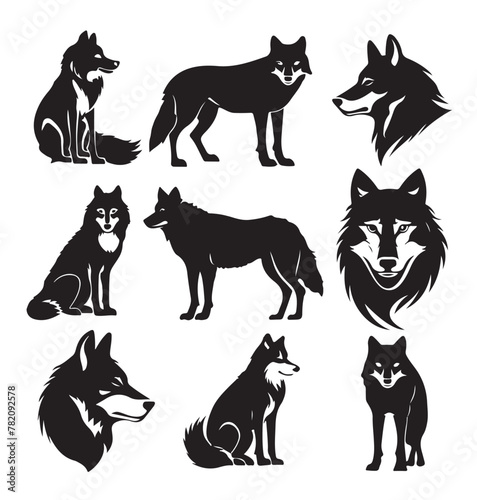 Collection of wolf silhouettes on white background