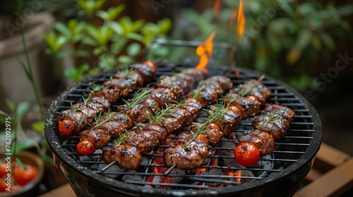a close up of a grill with meat and tomatoes on it
