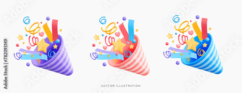 3D Party popper emoji with explosion confetti. Birthday surprise. Firecracker with serpentine. Holiday and event celebration. Cartoon creative design 3d set vector icons isolated on white background