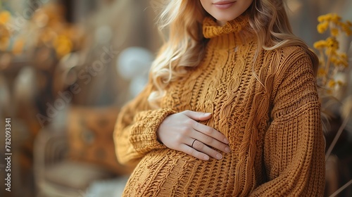 A pregnant woman in a yellow sweater is caressing her belly photo