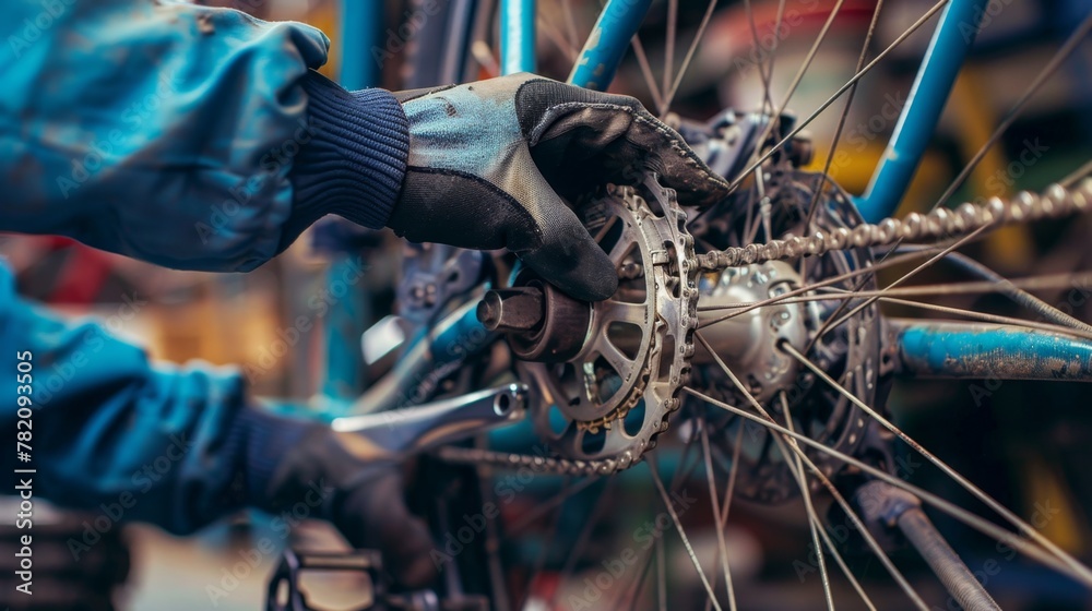 Fototapeta premium Amidst the rhythmic clicks and whirs, they dive into the heart of the bike, hands deftly navigating the labyrinth of gears, crafting precision from chaos. 