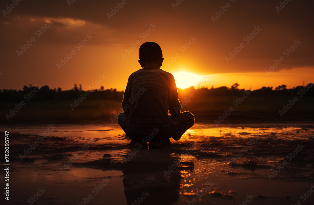 Prayer concept. Silhouette of a young child in a praying pose. Set against a vibrant sunset sunrise sky. Clasped hands. Also related to resilience, contemplation, guidance, devotion, graceful, peace Prayer concept. Silhouette of a young child in a praying pose. Set against a vibrant sunset sunrise sky. Clasped hands. Also related to resilience, contemplation, guidance, devotion, graceful, peace