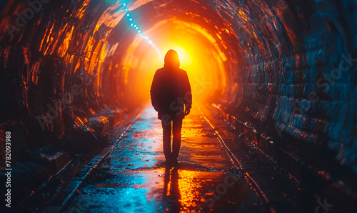 Igniting the Path to Inner Transformation - A Journey from Darkness to Radiant Enlightenment Symbolized by a Lone Figure Wading Through a Fiery Tunnel