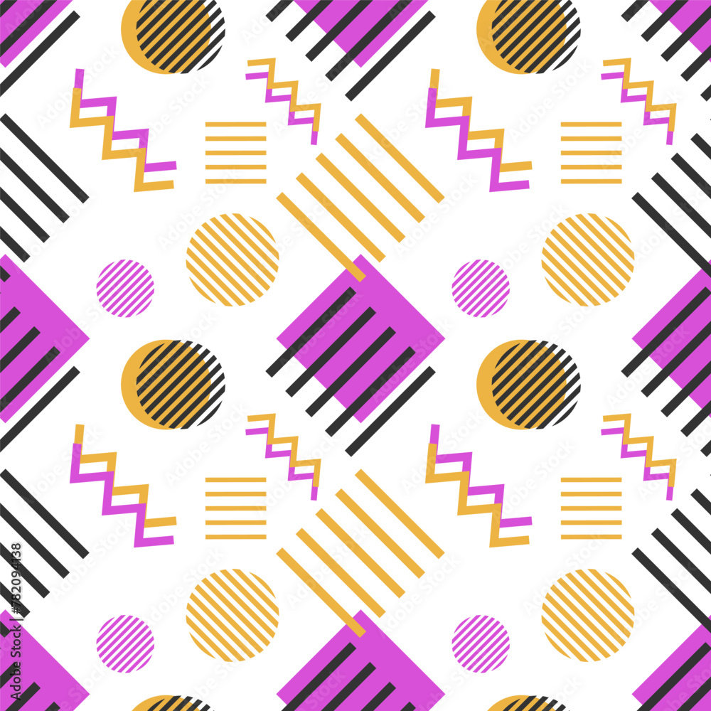 Beautiful modern trendy abstract shapes of rhombus, circle, line and zigzag in Memphis style seamless pattern texture, print, textile in purple,orange and black color Beautiful modern trendy abstract shapes of rhombus, circle, line and zigzag in Memphis style seamless pattern texture, print, textile in purple,orange and black color