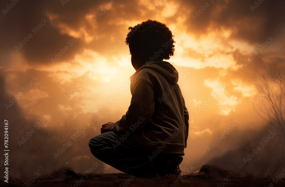 Prayer concept. Silhouette of a cute young boy in a praying pose. Set against a vibrant sunset sunrise sky. Clasped hands. Also related to confession, covenant, doxology, Eucharist, exodus, worship