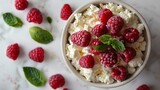 cottage cheese in white bowl, with raspberries, top view flat lay composition, photo isolated on white background