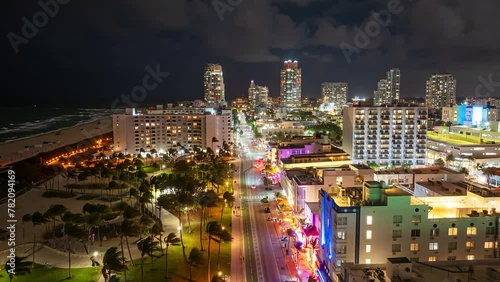 Aerial time Lapse of Miami Beach, Florida Nightlife at Night with colorful lights, clouds, people, and cars.