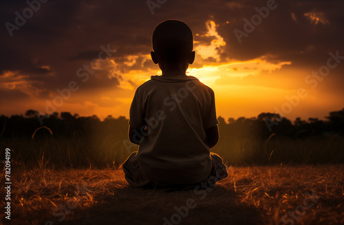 Prayer concept. Silhouette of a cute toddler in a praying pose. Set against a vibrant sunset sunrise sky. Clasped hands. Also related to alleluia, anointing, ascension, beatitude, benediction photo