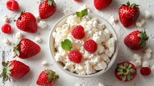 cottage cheese in white bowl  with strawberries  top view flat lay composition  photo isolated on white background