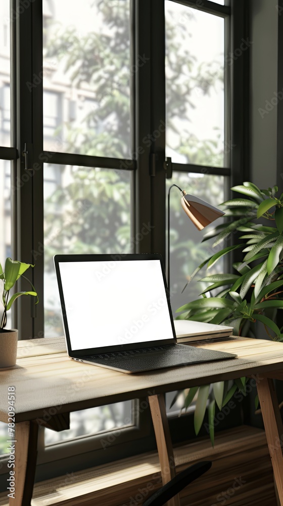 A desk or table with a laptop with a white screen and space for graphics or text standing by the window A desk or table with a laptop with a white screen and space for graphics or text standing by the window