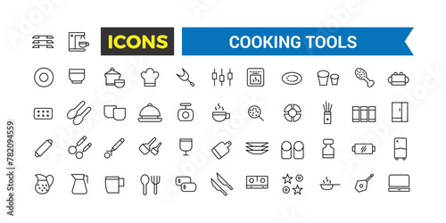 Cooking Tools Icons Set, Set Of Kitchen Essentials, Tableware, Cutlery, Dishes, Plates, Jug, Ladle, Baking Sheet, Paper Mill, Cheese Slicer, Salt Shaker, Spatula Vector Icon, Vector Illustration