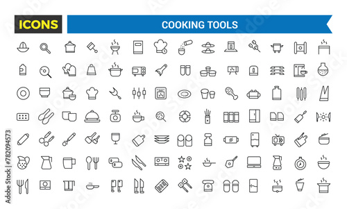 Cooking Tools Icons Set, Set Of Kitchen Essentials, Tableware, Cutlery, Dishes, Plates, Jug, Ladle, Baking Sheet, Paper Mill, Cheese Slicer, Salt Shaker, Spatula Vector Icon, Vector Illustration