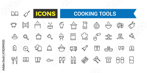 Cooking Tools Icons Set, Set Of Kitchen Essentials, Tableware, Cutlery, Dishes, Plates, Jug, Ladle, Baking Sheet, Paper Mill, Cheese Slicer, Salt Shaker, Spatula Vector Icon, Vector Illustration