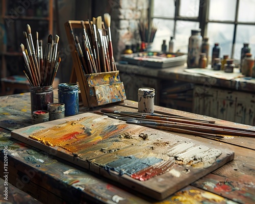 An messy artist's palette with brushes and paint jars in a cluttered studio with a large window in the background.