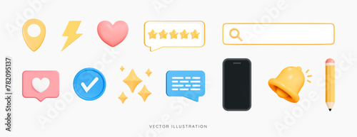 3D Social media set icon emoji. Online communication. Phone, bell notification, like, speech bubble message. Chat emoticon. Digital marketing. Realistic 3d objects isolated on white background