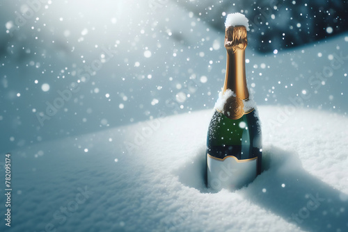 Glistening flakes create a magical scene, the bottle's sparkle adding charm. It captures holiday joy, a champagne bottle nestled in pristine snow