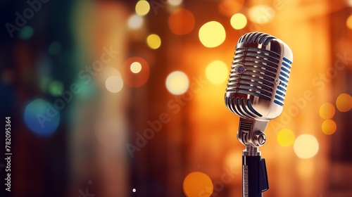 Stand-up concept. Audio microphone retro style on bokeh background. Comedy show or Jazz festival