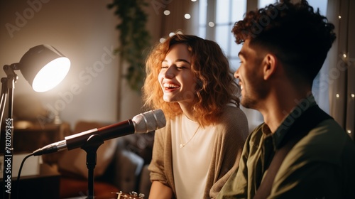 Two young people enjoying singing with microphones performing a song. Man and woman singers © elena_garder