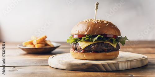 Deliciosa hamburguesa de ternera casera y queso sobre una mesa de madera. Primer plano de un bocadillo de carne, tomate y lechuga sobre una mesa. Burguer recién hecha con espacio de copia. photo