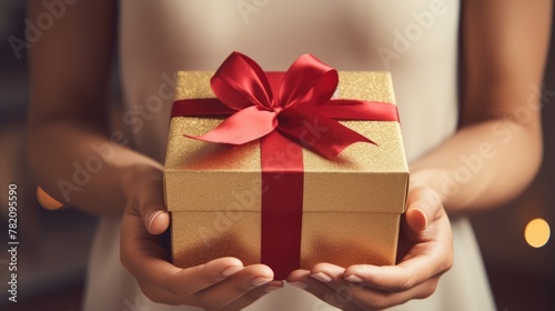 Female hands holding rustic decorated Christmas gift red white ribbon. Christmas background © elena_garder