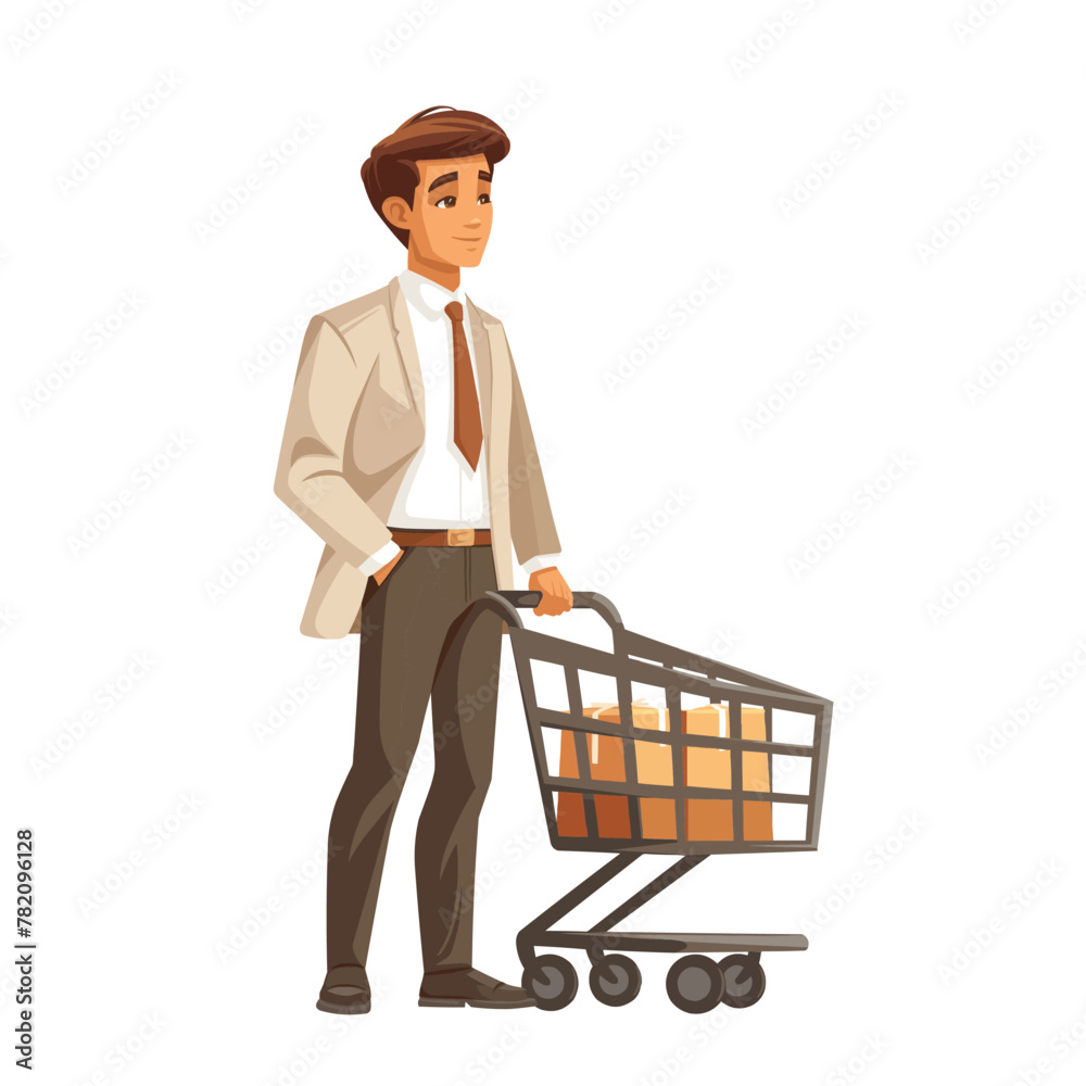 Man with shopping cart, shopping, flat illustration isolated on white background, concept Man with shopping cart, shopping, flat illustration isolated on white background, concept